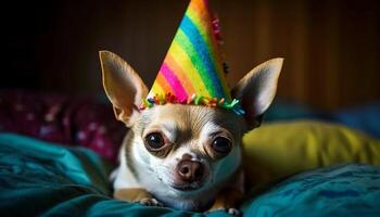 Cute small puppy, purebred terrier, sitting, looking at camera, indoors generated by AI photo