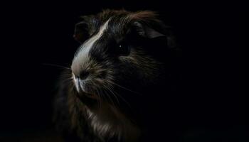 Cute guinea pig with fluffy fur, black background, looking at camera generated by AI photo
