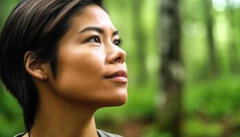 Young woman outdoors, looking away, smiling, surrounded by nature generated by AI photo