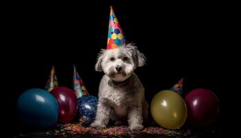 linda perrito celebra cumpleaños con globos, fiesta sombrero, y regalos generado por ai foto