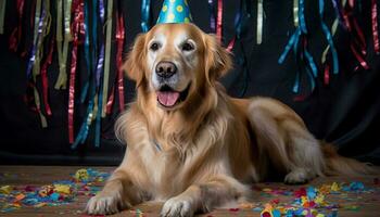 un linda perrito sesión, mirando a cámara, celebrando cumpleaños alegremente generado por ai foto