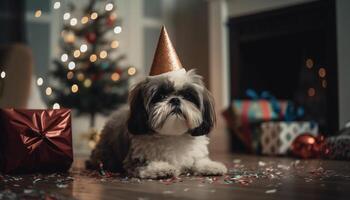 Cute puppy sitting by Christmas tree, illuminated with Christmas lights generated by AI photo