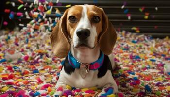 A cute puppy sits with a gift, surrounded by confetti generated by AI photo