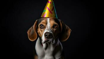 Cute puppy, purebred dog, small, birthday celebration, black background generated by AI photo