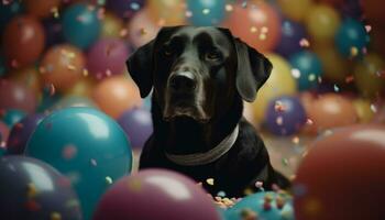 un linda perrito con un amarillo pelota celebra sus cumpleaños generado por ai foto