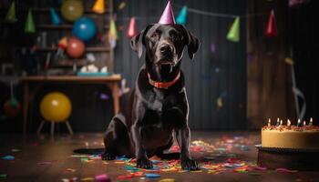 linda perrito celebra cumpleaños con amigos, globos, y delicioso trata generado por ai foto