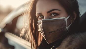 Young woman driving car, looking at camera with confidence and elegance generated by AI photo