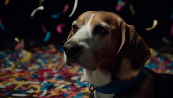 Cute puppy, purebred dog, indoors, looking at camera, playful celebration generated by AI photo