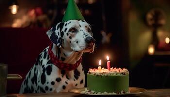 A cute spotted puppy sitting, looking at a birthday cake generated by AI photo