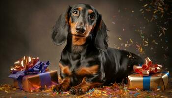 Cute puppy sitting, gift box, purebred dachshund, joyful birthday celebration generated by AI photo