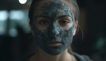 joven adulto mujer aplicando arcilla máscara para protección de la piel y relajación generado por ai foto