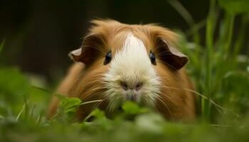 linda Guinea cerdo comiendo césped, mirando a cámara en prado generado por ai foto
