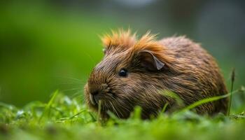 Cute guinea pig eating grass in the green meadow generated by AI photo