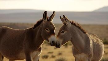 Cute donkey and goat grazing in a beautiful rural meadow generated by AI photo