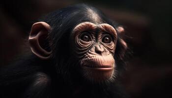 Cute primate in tropical rainforest, staring with sad expression generated by AI photo