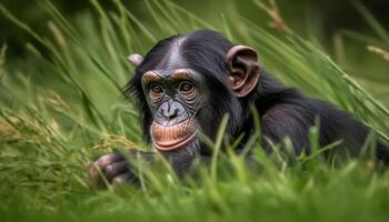 Cute monkey sitting in the green forest, staring at camera generated by AI photo