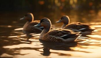 Mallard duck swims in tranquil pond, surrounded by beautiful nature generated by AI photo