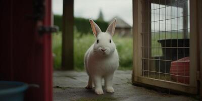 Cute rabbit sitting on grass, looking at camera with fluffy fur generated by AI photo