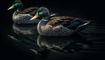 Mallard duck reflects beauty in nature, surrounded by tranquil water generated by AI photo