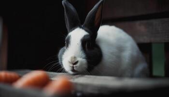 Cute fluffy baby rabbit sitting on grass, looking at camera generated by AI photo