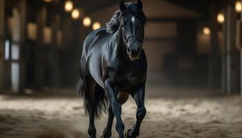 Beautiful thoroughbred horse running in a dark night, showcasing elegance generated by AI photo