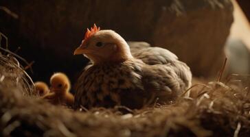 mullido amarillo polluelos escotilla en un acogedor pollo cooperativa en un granja generado por ai foto