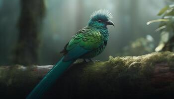 Majestic bird perching on branch, its iridescent feathers shining generated by AI photo