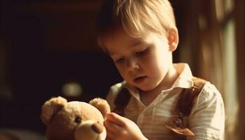 un linda rubio chico jugando con un osito de peluche oso adentro generado por ai foto