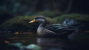 pato real Pato nadando en un tranquilo estanque, rodeado por naturaleza generado por ai foto