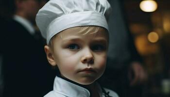 linda niño sonriente, mirando a cámara, vistiendo cocinero gorra generado por ai foto