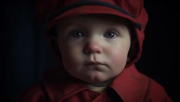 un linda caucásico bebé chico mirando a cámara con inocencia generado por ai foto