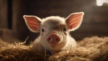 linda cerdito en un granja, rodeado por naturaleza y ganado generado por ai foto