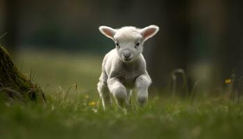 Cute young lamb grazing in green meadow, innocence and curiosity generated by AI photo