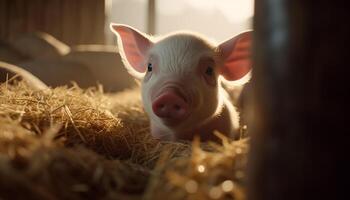 Cute piglet grazing on green grass in a rural farm generated by AI photo