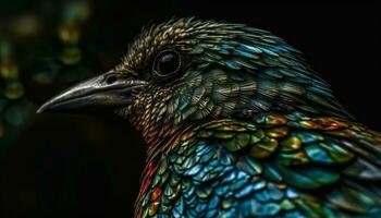 majestuoso pájaro encaramado en rama, plumas iridiscente en vibrante colores generado por ai foto