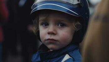 Cute Caucasian child outdoors, looking at camera, wearing sports helmet generated by AI photo