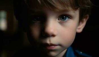 linda caucásico niño con azul ojos, mirando a cámara, sonriente generado por ai foto