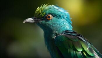 A vibrant blue macaw perching on a green branch in nature generated by AI photo