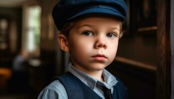 A cute Caucasian boy, with blue eyes, looking at camera generated by AI photo