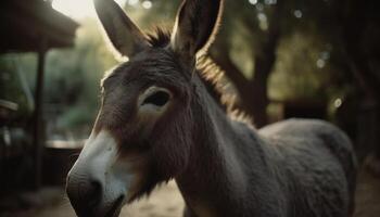 Cute donkey grazing on grass in rural farm meadow generated by AI photo