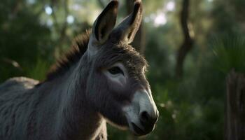 Cute donkey grazing in the green meadow under the sunset generated by AI photo