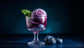 Fresco arándanos en un hoja, un dulce verano postre generado por ai foto