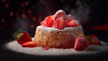 Fresh strawberry dessert on a wooden table, a sweet indulgence generated by AI photo