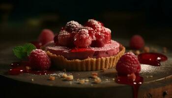 Raspberry dessert, sweet food, fresh fruit, homemade indulgence, baked pastry generated by AI photo