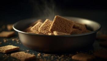 Dark, close up, sugar, bowl, gourmet, stack, dessert, cooking, healthy eating   generated by AI photo