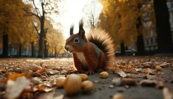 Cute furry rodent eating acorn on tree branch in autumn   generated by AI photo