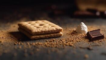 A stack of homemade chocolate chip cookies on a wooden table generated by AI photo