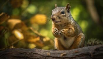 Cute mammal sitting on grass, eating, looking at camera   generated by AI photo