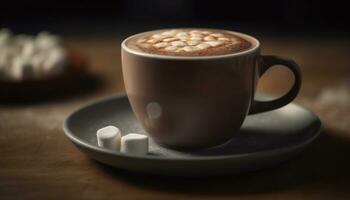 Coffee cup on table, close up of frothy cappuccino, heat and freshness   generated by AI photo