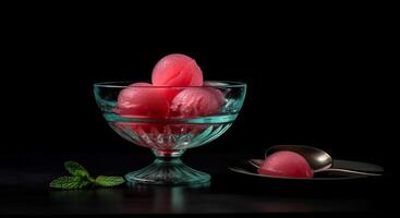 Freshness and sweetness in a bowl of gourmet raspberry dessert generated by AI photo